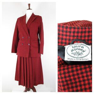 Laura Ashley Vintage Red Black Check Plaid Wool Skirt Suit Size Size 10 12